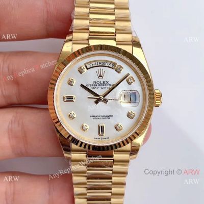 Rolex Oyster Perpetual Day Date Fake Watch All Gold White MOP Dial 36mm